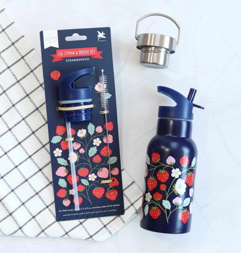 A Little Lovely Company zestaw zakrętki, szczoteczki i słomki do butelki ze stali nierdzewnej 350 ml – Truskawki