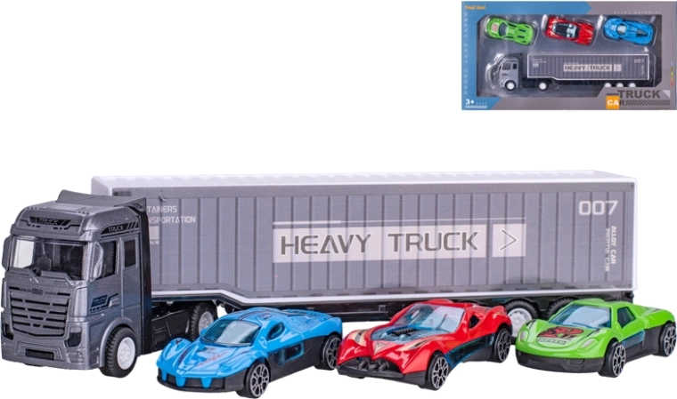 Metalowa ciężarówka z 3 autkami, 22 cm