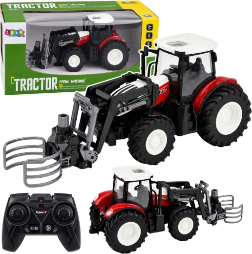 Zdalnie sterowany traktor rolniczy RC z ładowaczem czołowym i chwytakiem do bel 1:24, czerwony