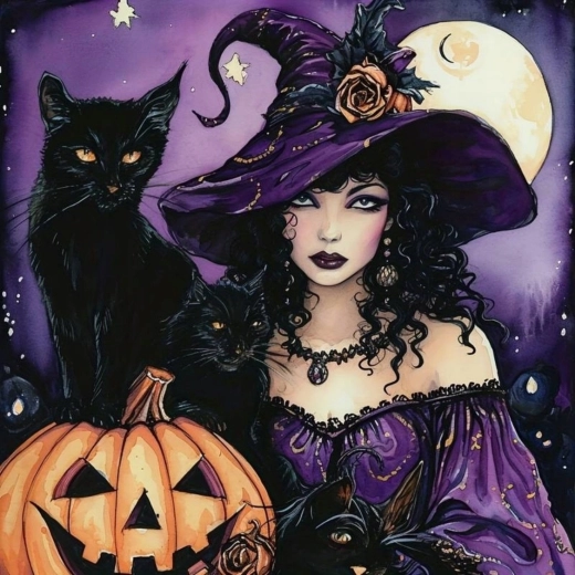 Diamentowe malowanie czarownicy z czarnym kotem i dynią 30 × 40 cm