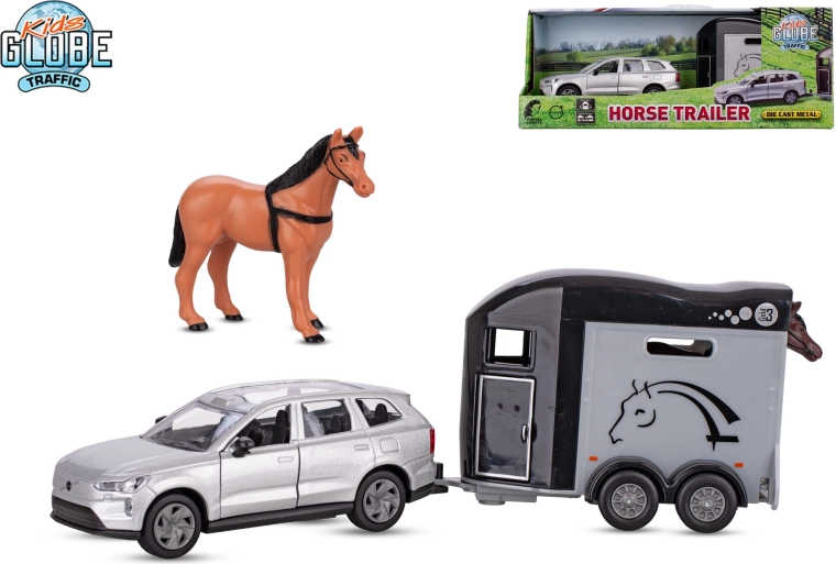 Kids Globe Traffic VOLVO EX90 z przyczepą na konie, metalowy model 28 cm