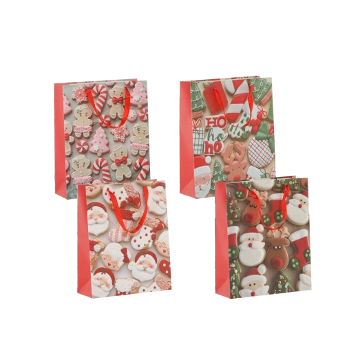 Świąteczne torebki prezentowe z motywem ciasteczek 18 × 24 × 8 cm, czerwone wstążki, zestaw 12 szt.