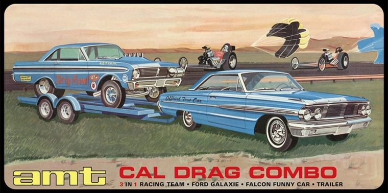 Plastikowy model AMT 3 w 1 Cal Drag Combo 1964 Galaxie, AWB Falcon i przyczepa 1:25 - 1 szt.