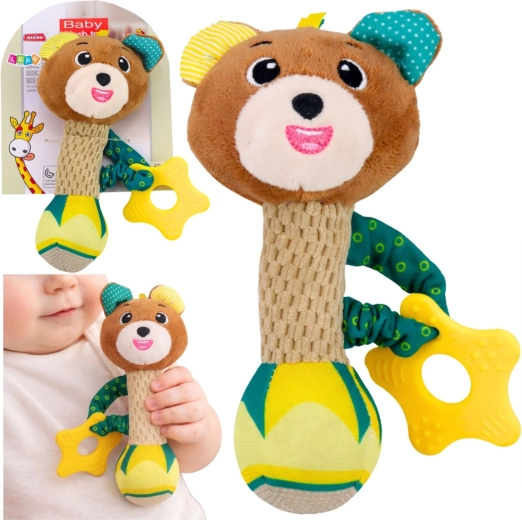 Pluszowa grzechotka miś z gryzakiem i piszczałką dla niemowląt