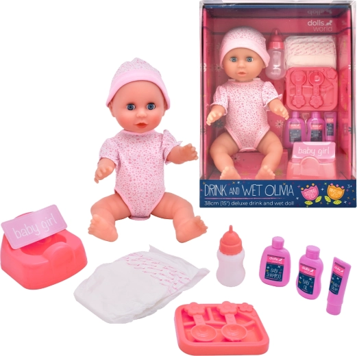 Dolls World bobas Olivia 38 cm pije i siusia z zamykanymi oczami i akcesoriami