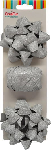 Połyskujący srebrny zestaw do pakowania prezentów (wstążka 10 m + 2 kokardy gwiazdy 9 cm)