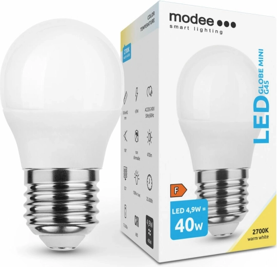 Modee Smart Lighting miniaturowa żarówka LED G45 E27 4,9 W ciepła biel