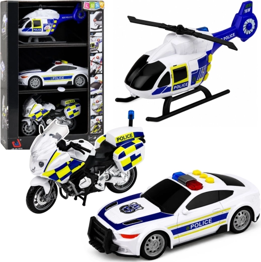 Zestaw pojazdów policyjnych z helikopterem, autem i motocyklem ze światłami i dźwiękami 1:32