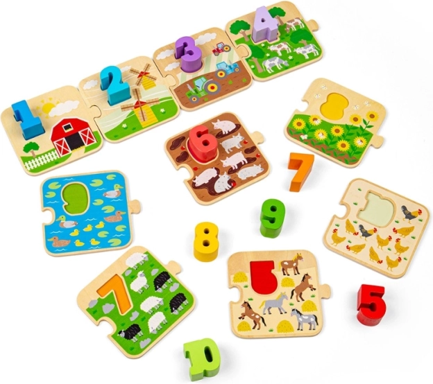BIGJIGS TOYS drewniane puzzle z obrazkami i liczbami 1–10 (życie na farmie)
