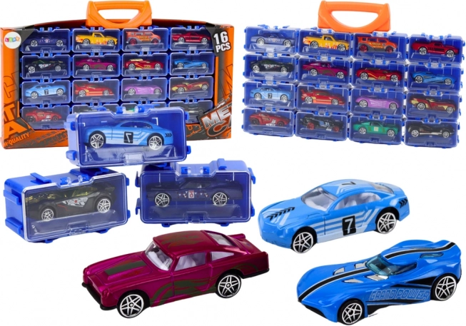 Zestaw metalowych autek w kuferku, 16 sztuk