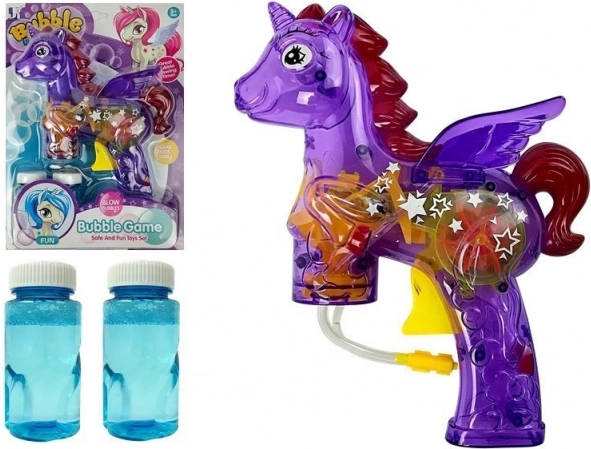 Fioletowy jednorożec pistolet na bańki mydlane