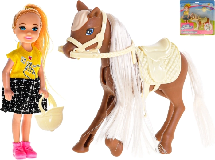 Laleczka z koniem i wyposażeniem jeździeckim 13 cm