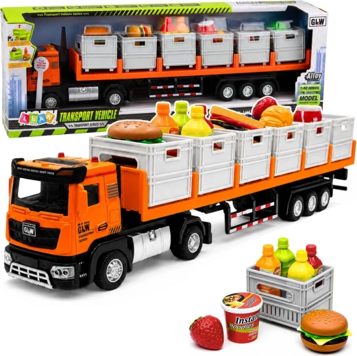 Transportowa ciężarówka z naczepą i żywnością na baterie 1:40 pomarańczowa