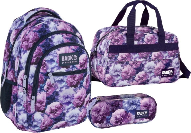 BackUP Violet Bloom zestaw promocyjny 3w1: plecak szkolny, piórnik i torba sportowa