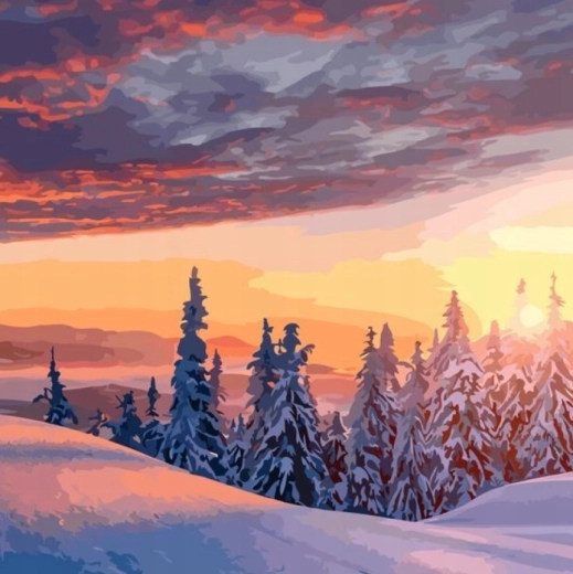 Diamentowe malowanie – widok na ośnieżony zimowy krajobraz 30 × 40 cm