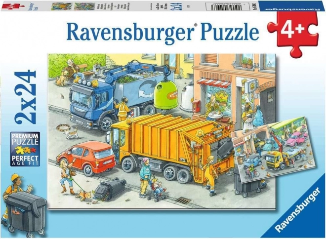 Ravensburger puzzle Śmieciarka i Pojazd Lawetowy 2x24 części