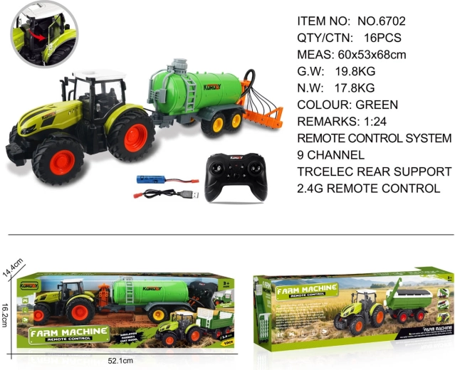 Traktor zdalnie sterowany ze zieloną cysterną i zgrabiarką do siana 1:24