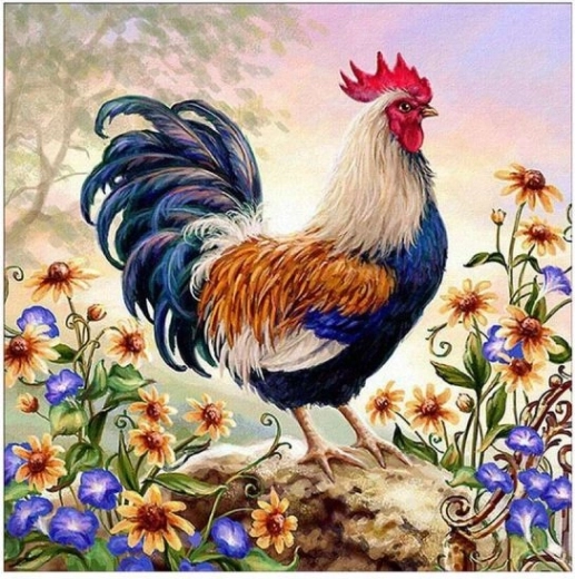 Hafciarstwo diamentowe (diamond painting) – kolorowy kogut 30 × 30 cm