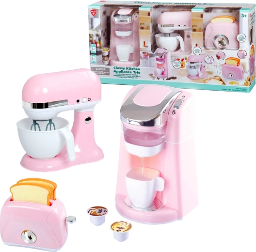 Playgo trzy stylowe urządzenia kuchenne w kolorze różowym (ekspres do kawy, mikser, toster)