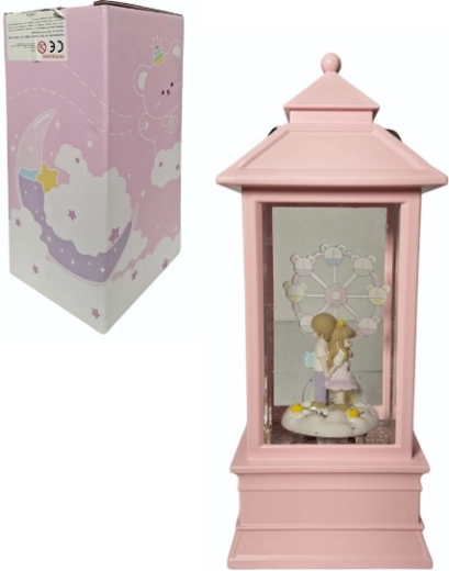 Różowa lampka z wirującym brokatem i figurkami