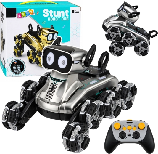 Robotyczny pies RC sterowany zdalnie z 8 kołami, tryb demo, światła i dźwięki, srebrny - 1 sztuka
