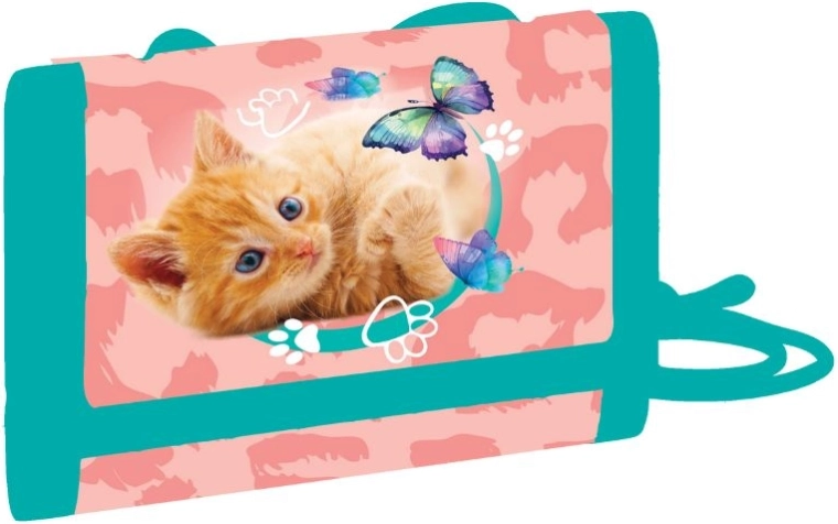 Dziecięcy tekstylny portfel Kot na szyję z rzepem