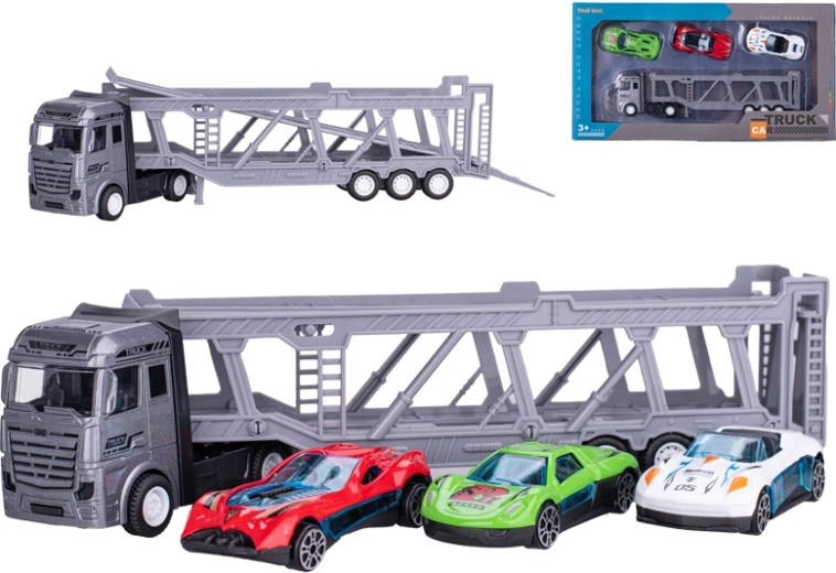 Metalowy transporter samochodów z 3 autkami 22 cm