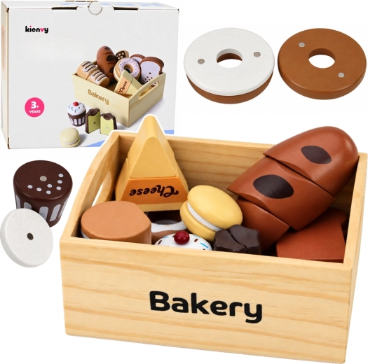 Drewniana mini piekarnia – magnetyczny zestaw pieczywa w drewnianej skrzynce (10 elementów)