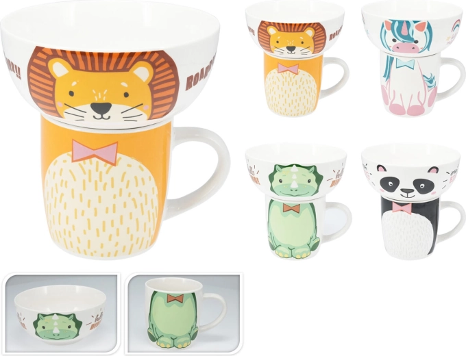 Dziecięcy zestaw porcelanowy – kubek i miska, mix zwierzęcych dekorów