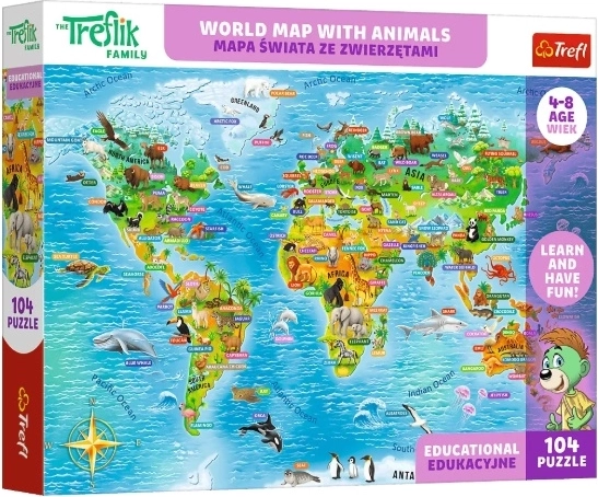 Dziecięce puzzle edukacyjne Mapa świata ze zwierzętami (104 elementy)