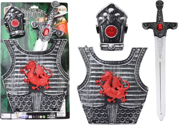 rycerski kostium z zbroją, mieczem i nagolennikiem dla dzieci