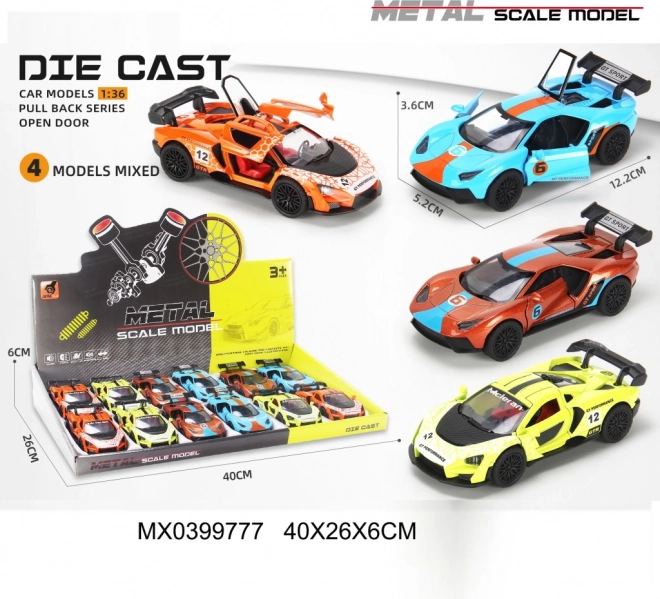Metalowy samochodzik wyścigowy 1:36 z otwieranymi drzwiami i napędem na sprężynę (pull-back)