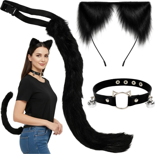 Ruhhy kostium kotki/lisicy/wilka - czarny zestaw 3w1 (ogon, uszy, choker)