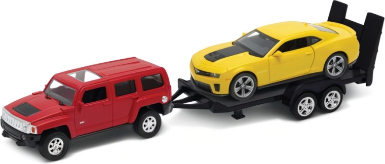 Welly autolaweta Hummer H3 z przyczepą i Chevrolet Camaro ZL1 1:34