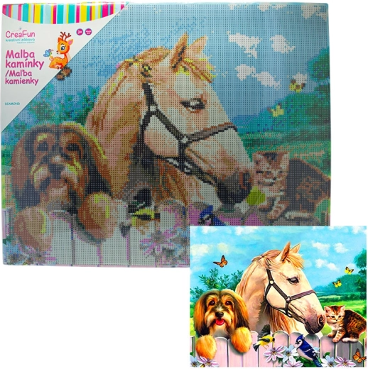 Malowanie diamentowe – chłopiec, pies i kot 40 × 50 cm