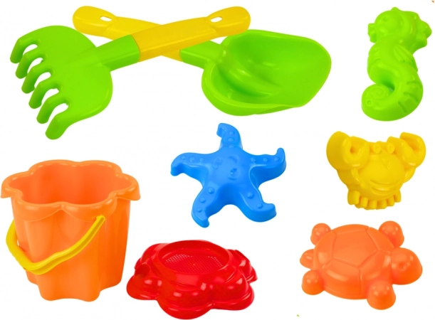 Zestaw zabawek plażowych z wiaderkiem, sitkiem i foremkami, 8 części