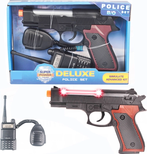 Policyjny pistolet i krótkofalówka Sparkys
