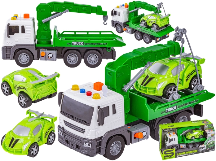 Wielofunkcyjna ciężarówka z dźwigiem i platformą holowniczą + auto wyścigowe 1:16 - 1 szt.