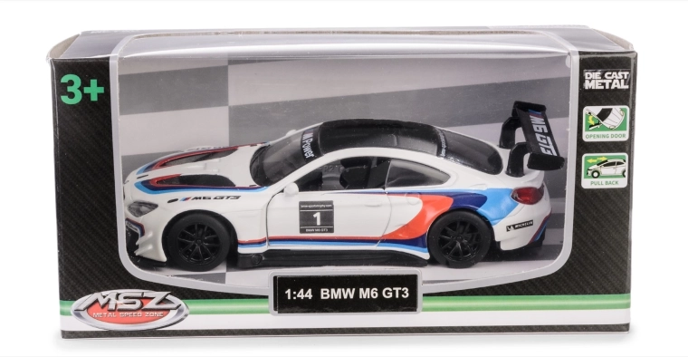 Model BMW M6 GT3 1:44 z otwieranymi drzwiami i mechanizmem pull-back