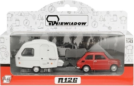 Fiat 126p z przyczepą kempingową Niewiadów – czerwony