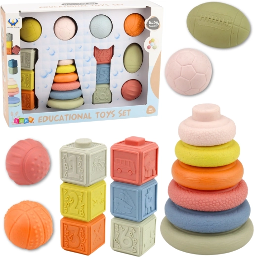 Zestaw sensoryczny dla niemowląt – miękkie piłki, kostki z cyframi i kółka do układania, 18 szt.
