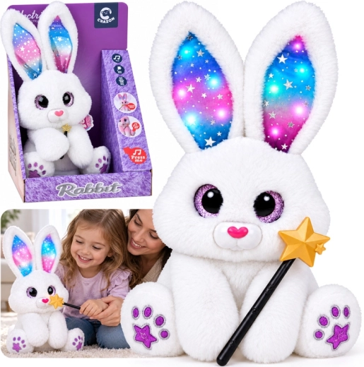 Interaktywny pluszowy biały króliczek 30 cm – tańczy, świeci, gra z magiczną różdżką - 1 szt.