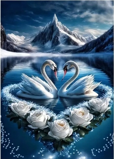 Malowanie diamentowe – łabędzie i białe kwiaty 30 × 40 cm