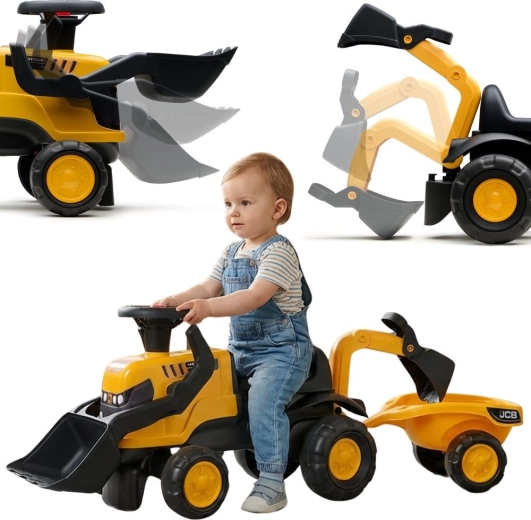 Jeździk traktor JCB z przyczepą, łopatką i grabkami dla dzieci 1–3 lata