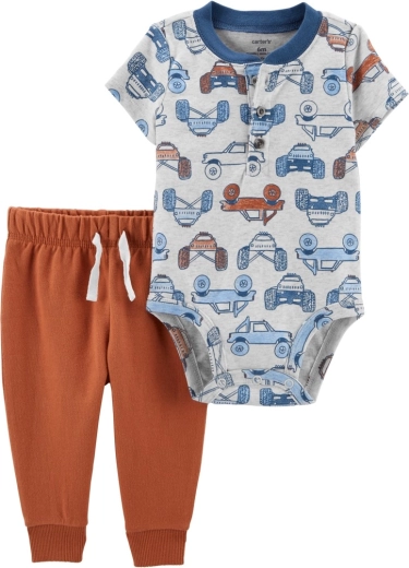 Carter's 2-częściowy zestaw dla chłopców – body z krótkim rękawem i spodnie dresowe Brown Cars Henley – 6m