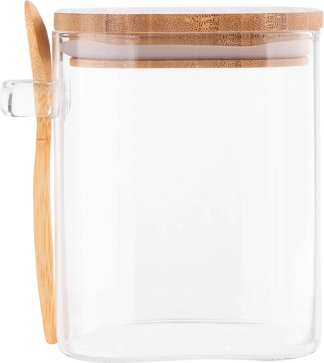 Kwadratowy pojemnik z borokrzemowego szkła 800 ml z bambusową pokrywką i łyżeczką
