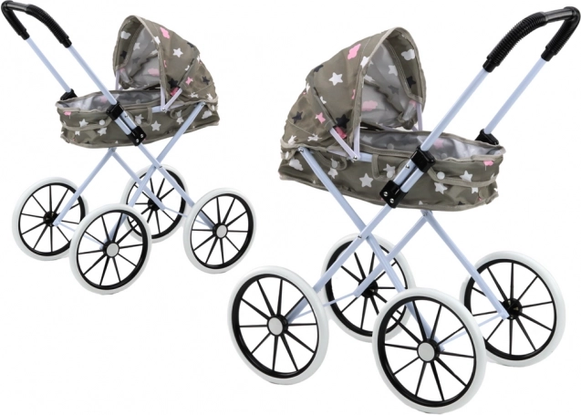 Wózek dla lalek ze składaną budką, duże piankowe koła, szary w gwiazdki