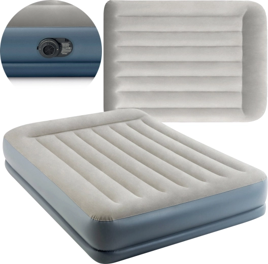 Nadmuchiwana welurowa łóżko INTEX Pillow Rest Mid-Rise, dwuosobowe z elektryczną pompką 203 × 152 × 30 cm