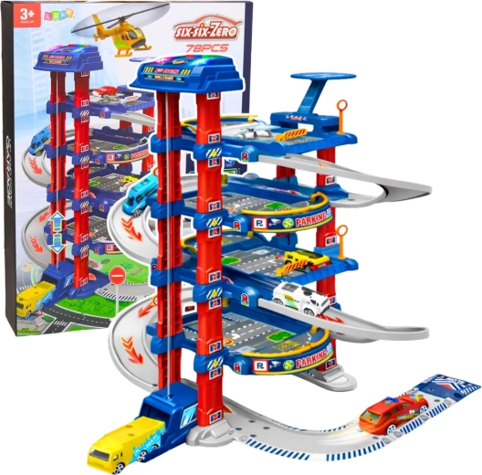 Duży wielopoziomowy parking z elektryczną windą i torem dla autek