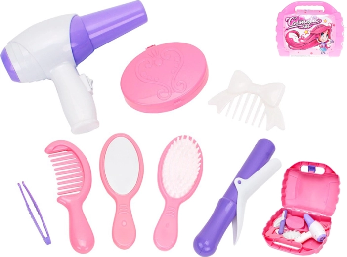 Zestaw fryzjerski dla dzieci w kufrze – 8‑częściowy różowy zestaw